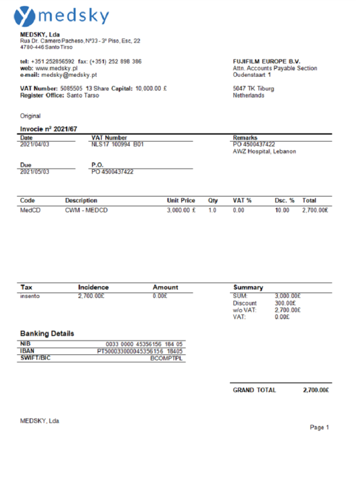 Portugal Medsky Lda company invoice PSD template